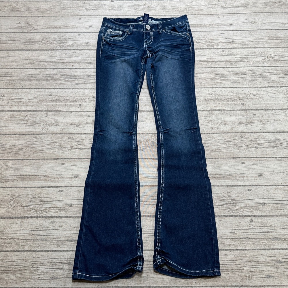 Y2K Amethyst Leg Jeans Womens 5 Tall Blue Dark Wash Flared Embroidered Whiskered